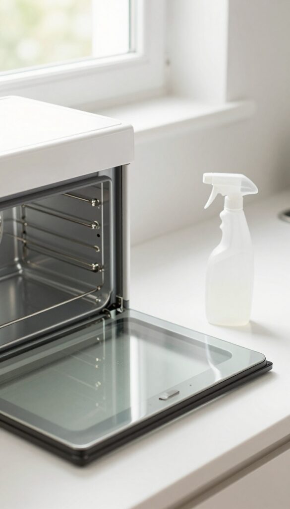Close-up of a glass oven door being cleaned with commercial oven cleaner, bright natural light, clean kitchen countertop