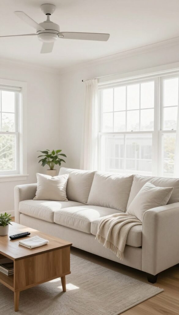 Clean and refreshed living room with fluffy pillows, folded throw, and dust-free surfaces in natural light
