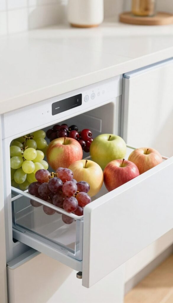 Open refrigerator drawer with fresh fruits and humidity control slider
