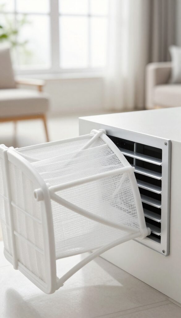Close-up of a clean air filter being inserted into an HVAC vent in a bright, modern living room.