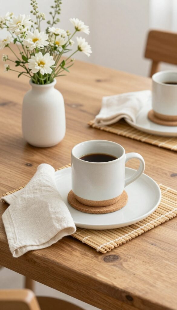 Wooden dining table with a mug on a felt-backed coaster and a bamboo placemat, styled with linen napkins and flowers.