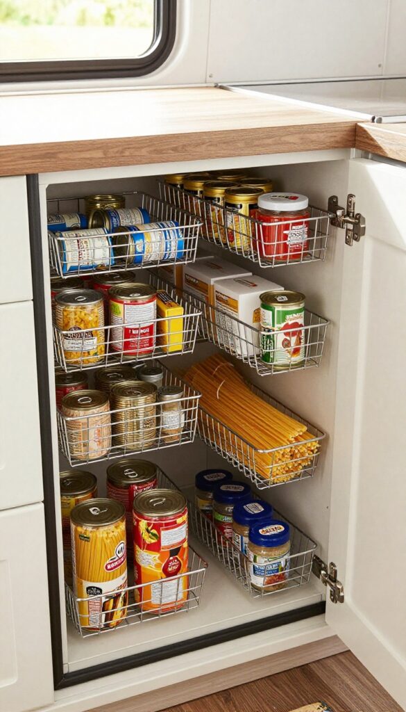 Pull-out wire baskets in a deep camper cabinet, neatly organized with canned goods and dry food.