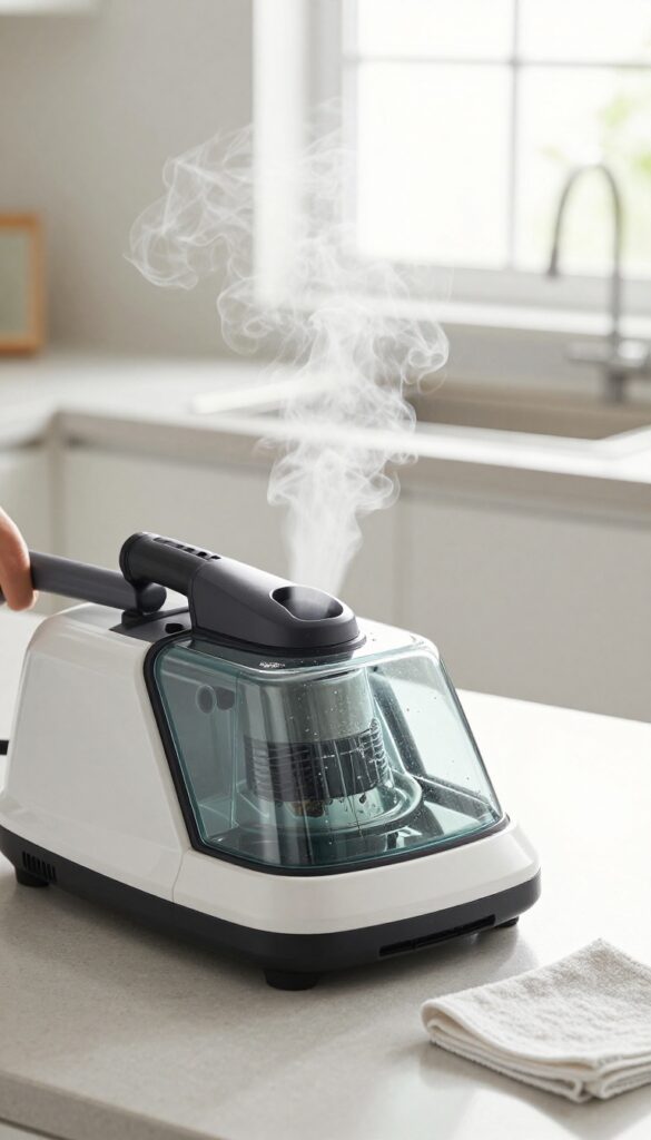 Handheld steam cleaner blasting steam on greasy oven glass door, with microfiber cloth, bright natural light, clean kitchen background.