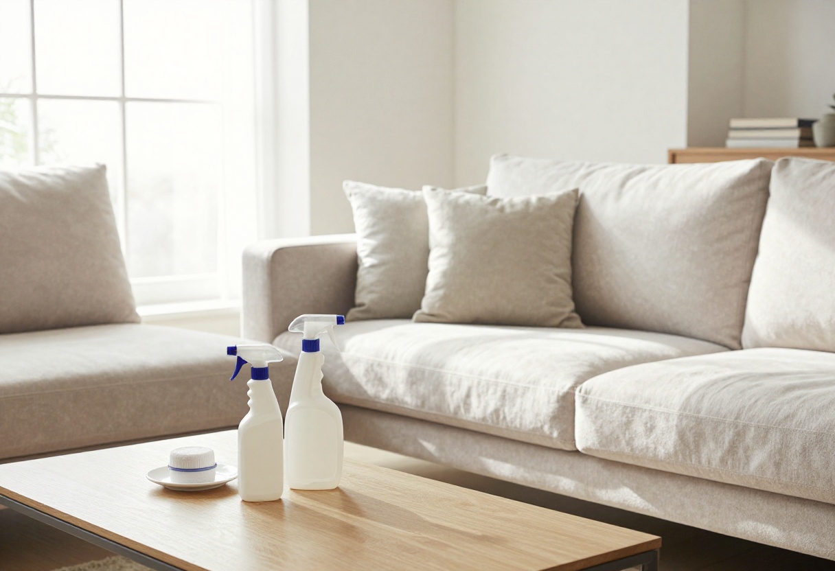 Clean sofa with baking soda and spray bottle on coffee table in bright living room