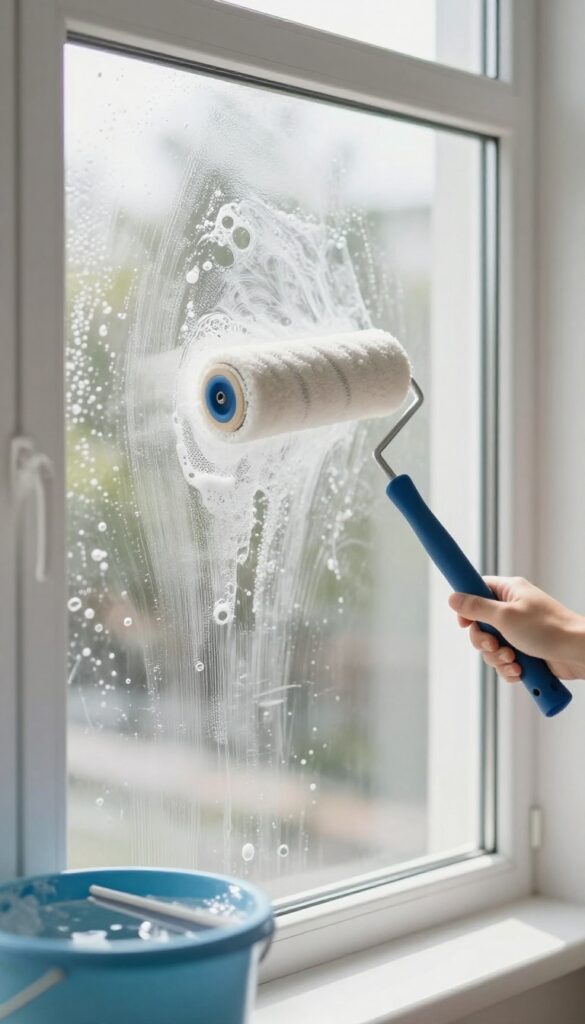 Person using a microfiber roller cover on a paint roller to clean a large window pane, with a bucket and squeegee nearby.