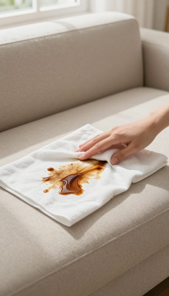 Blotting a coffee spill on a beige fabric couch with a white cloth