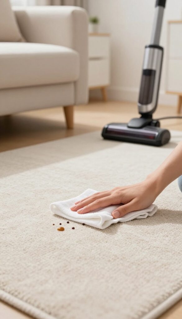 Person blotting a spill on a rug with a cloth, vacuum nearby, bright natural light.