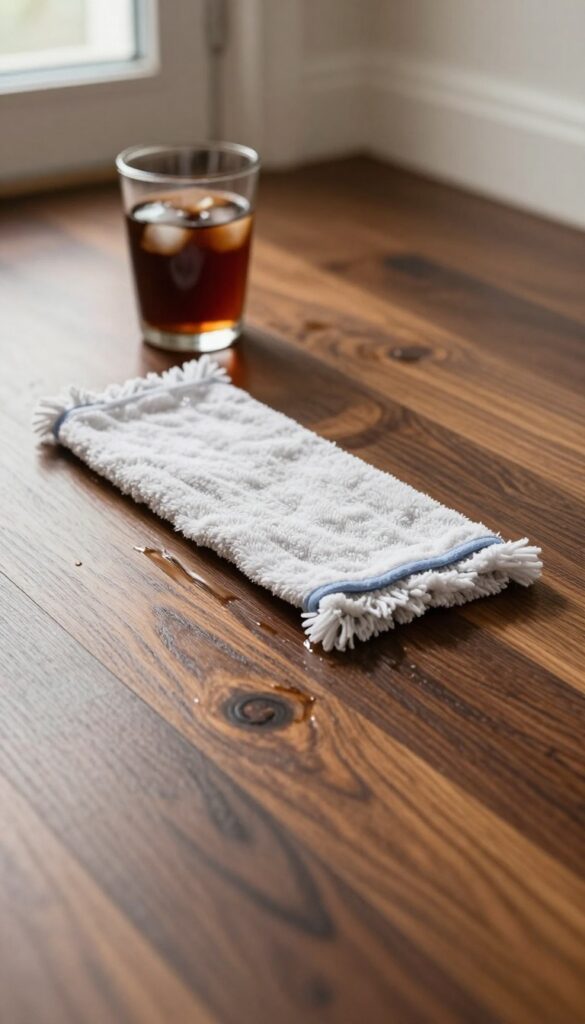 Dark hardwood floor being mopped with a damp mop, a glass of iced tea nearby, natural light highlighting the wood's shine.