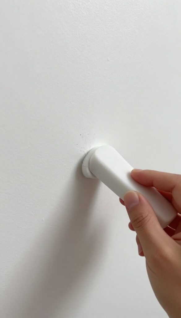 Hand using a magic eraser to remove a scuff mark from a white wall