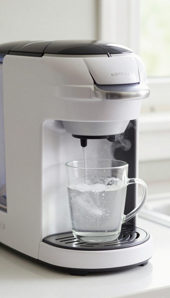 Keurig descaling with white vinegar solution in water reservoir and a glass mug on drip tray