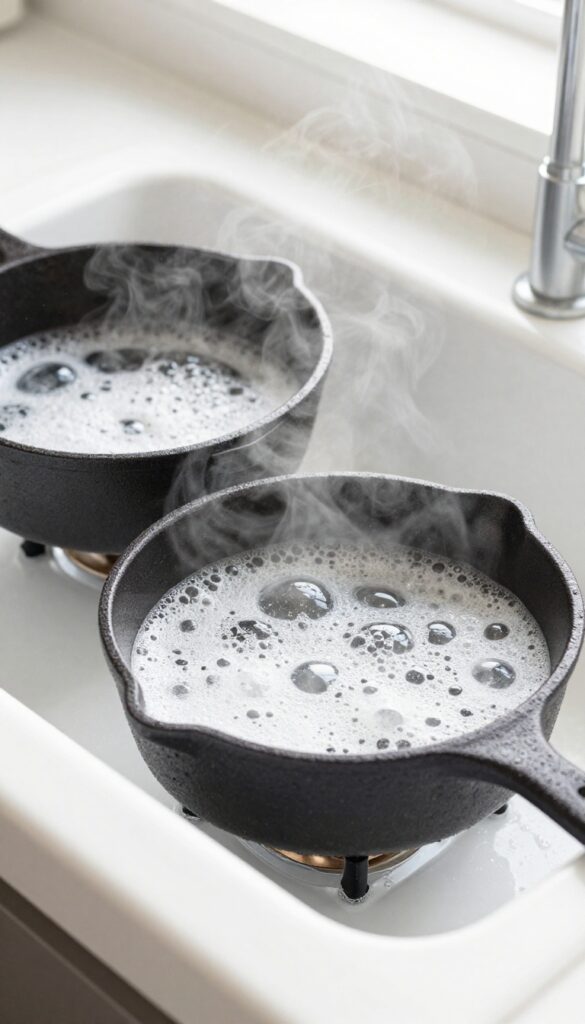 Two cast iron stove grates soaking in a sink with dish soap and vinegar solution