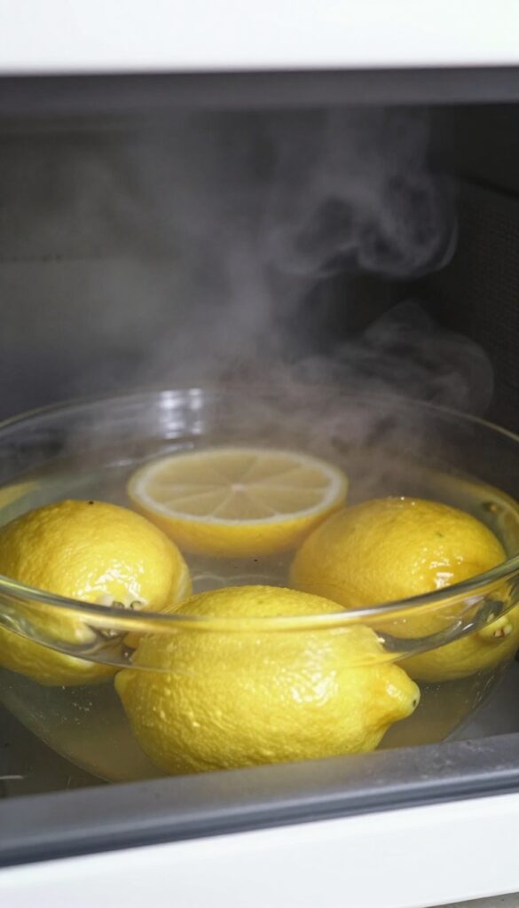 Steaming lemon slices in a bowl inside a microwave to remove odors and stains