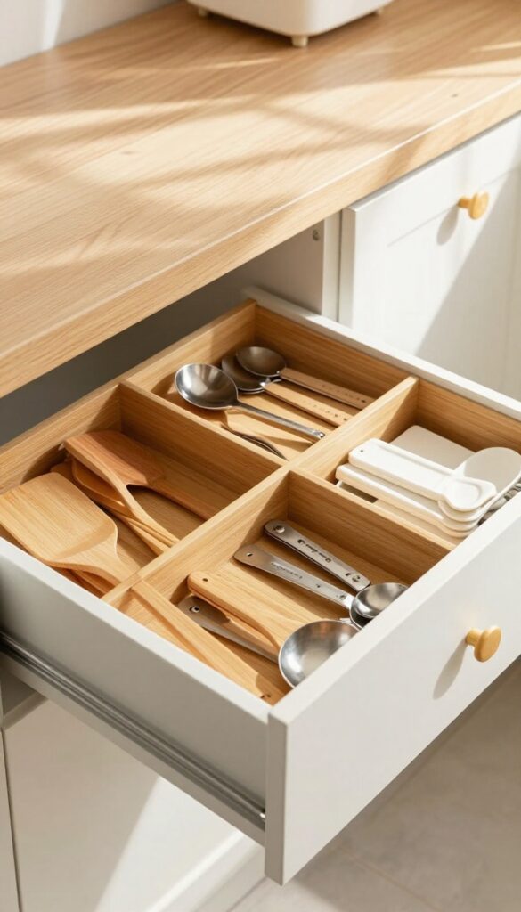 Organized kitchen drawer with bamboo dividers holding utensils and gadgets in separate compartments