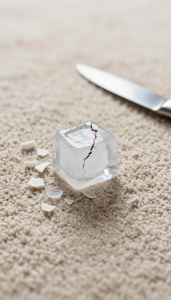 Ice cube on chewing gum stuck in carpet, with a knife nearby, illustrating the freeze method for gum removal.