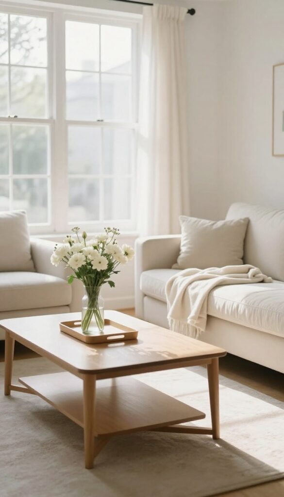 A clean, bright living room with natural light, a tidy coffee table with flowers, and a neatly folded blanket on a sofa.