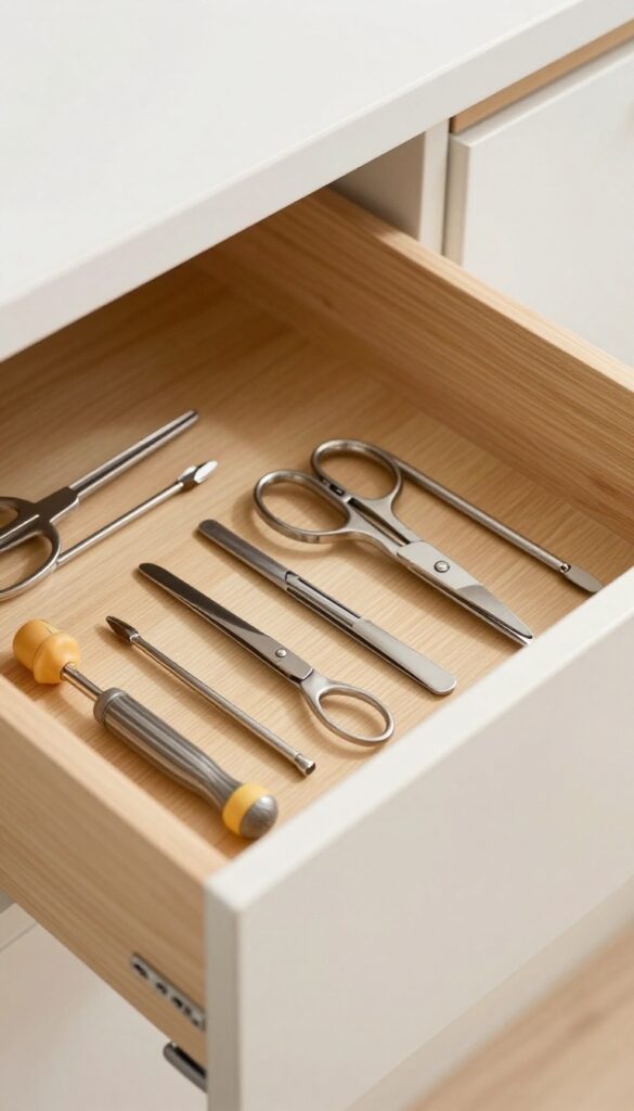 Open kitchen drawer with magnetic strip on lid holding metal tools