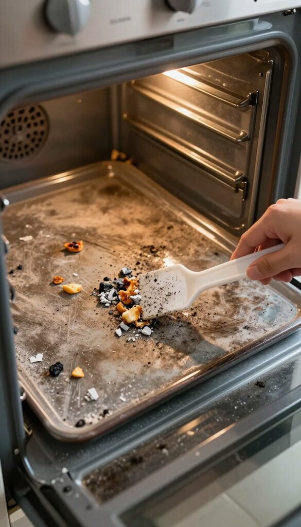 Dry scraping burnt food from oven bottom with plastic scraper