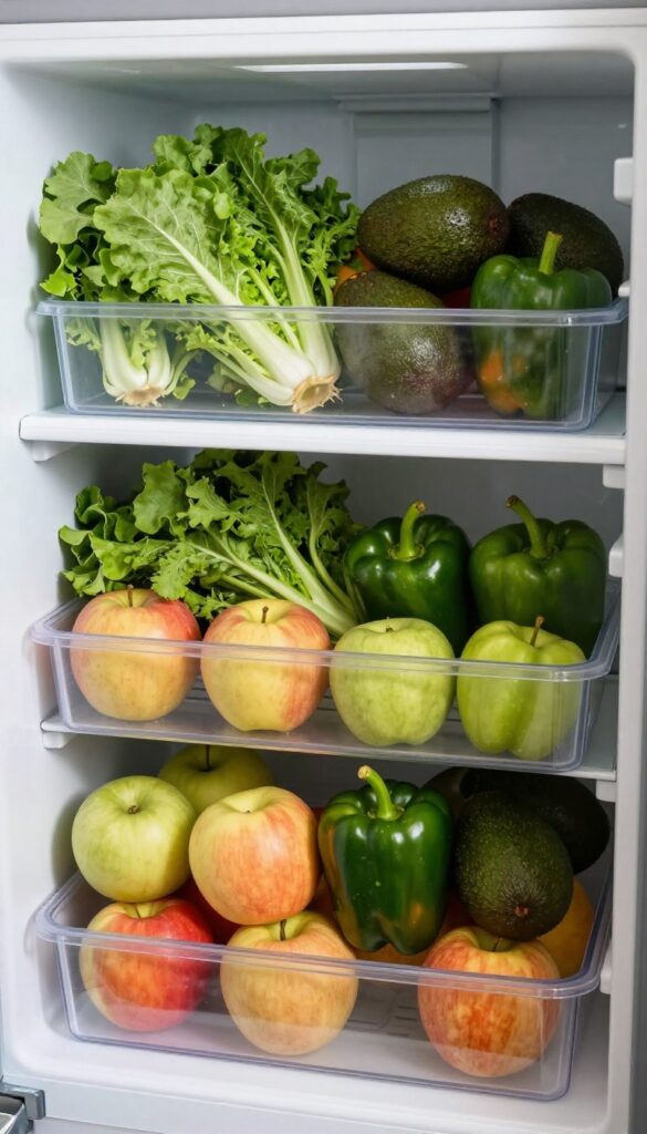 Open refrigerator with produce organized in clear stackable boxes on a shelf
