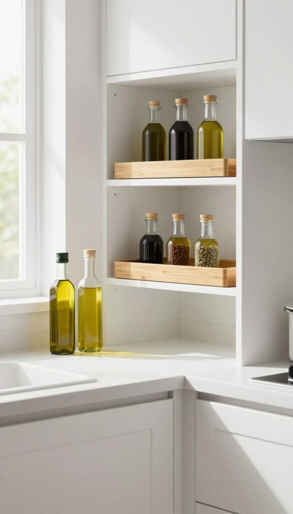A bamboo lazy Susan in a corner pantry shelf holding bottles of oil, vinegar, and spices, with natural light illuminating the organized setup.