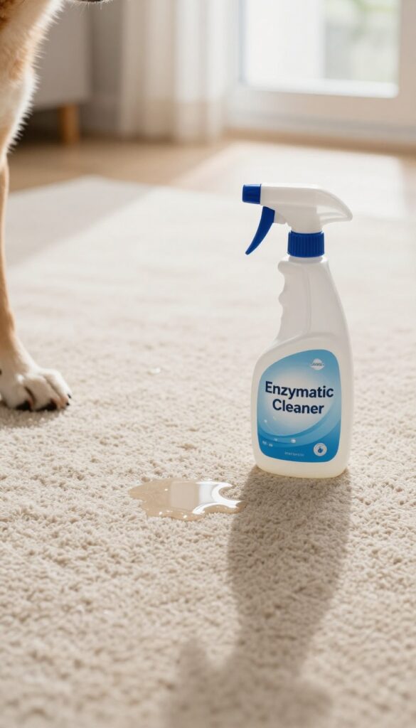 Enzymatic cleaner spray bottle on carpet near pet paw, cleaning pet accidents