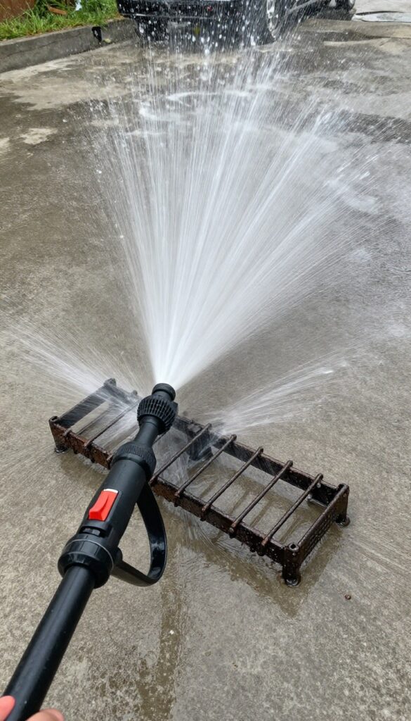 Pressure washing a dirty oven rack outdoors