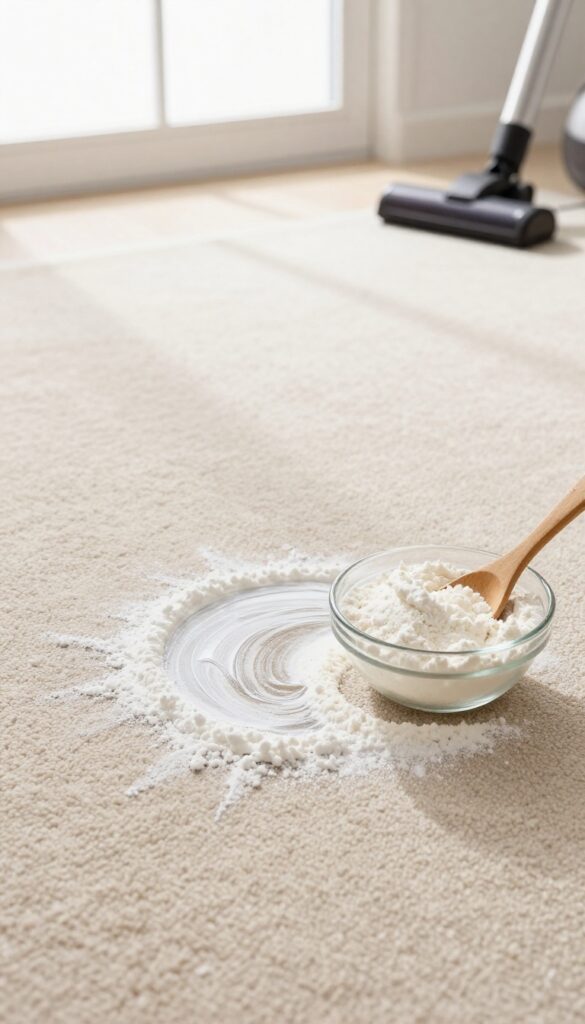 Cornstarch sprinkled on a grease stain on a light beige carpet, with a bowl of cornstarch and a wooden spoon nearby, bright natural light, photorealistic home cleaning scene.