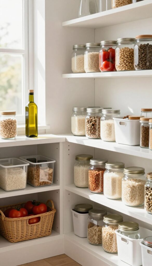 A neatly organized pantry shelf with a clear bin containing meal prep ingredients like rice, canned tomatoes, spices, and olive oil.