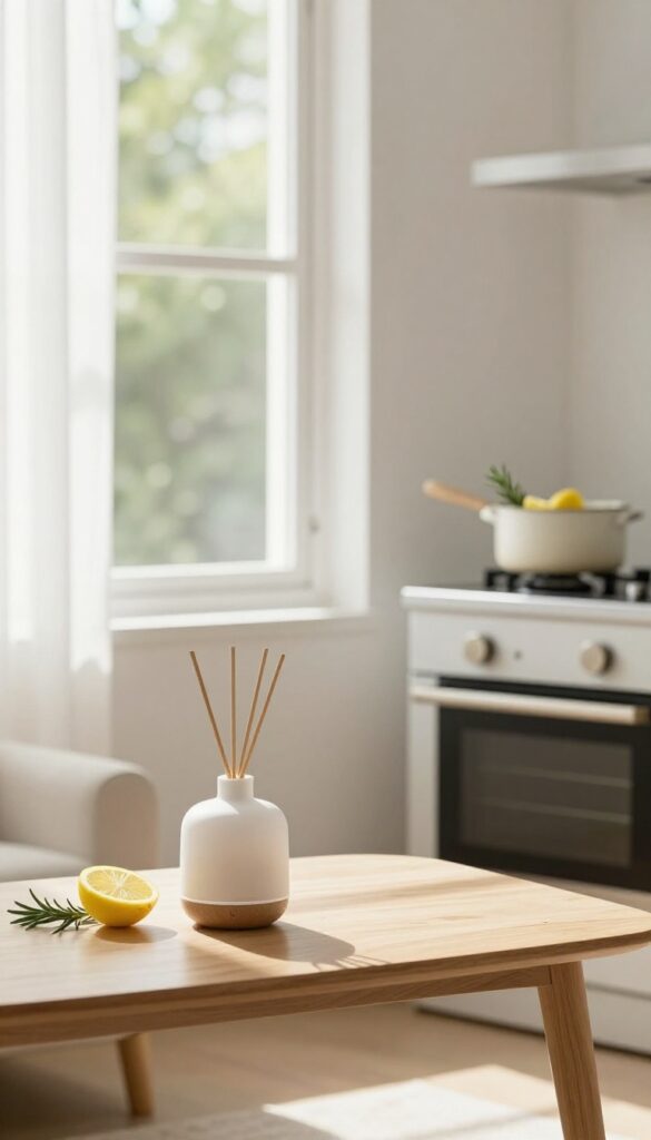 A fresh and clean living room with open windows, a simmering pot of lemon and rosemary on the stove, and a diffuser on the coffee table, creating a subtle, natural scent.