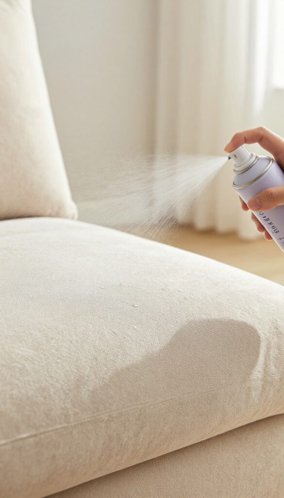 Hand spraying fabric protector onto a beige couch cushion, with water beading on the surface.