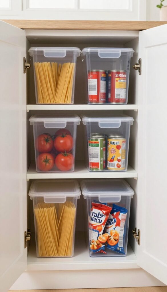 Clear bins organizing pasta, cans, and snacks in a small pantry cabinet