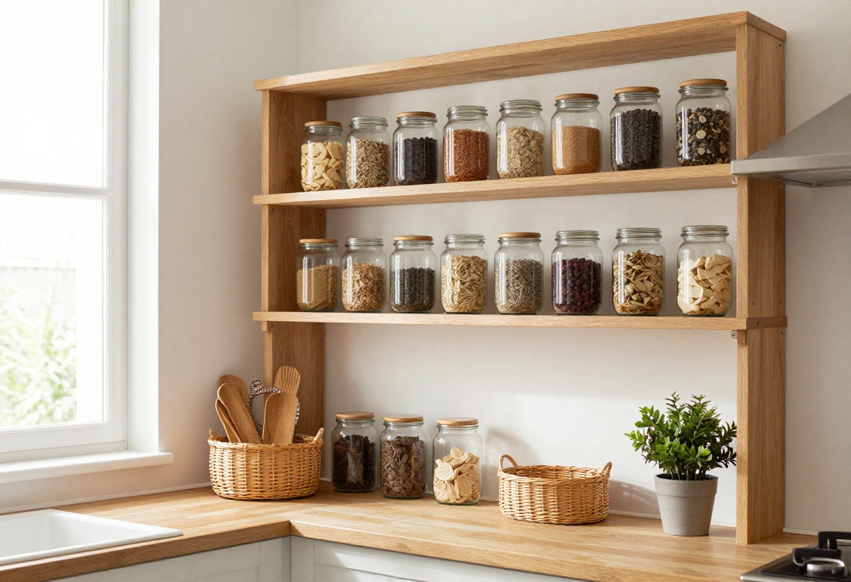 Open shelf pantry with organized glass jars and baskets in a bright kitchen