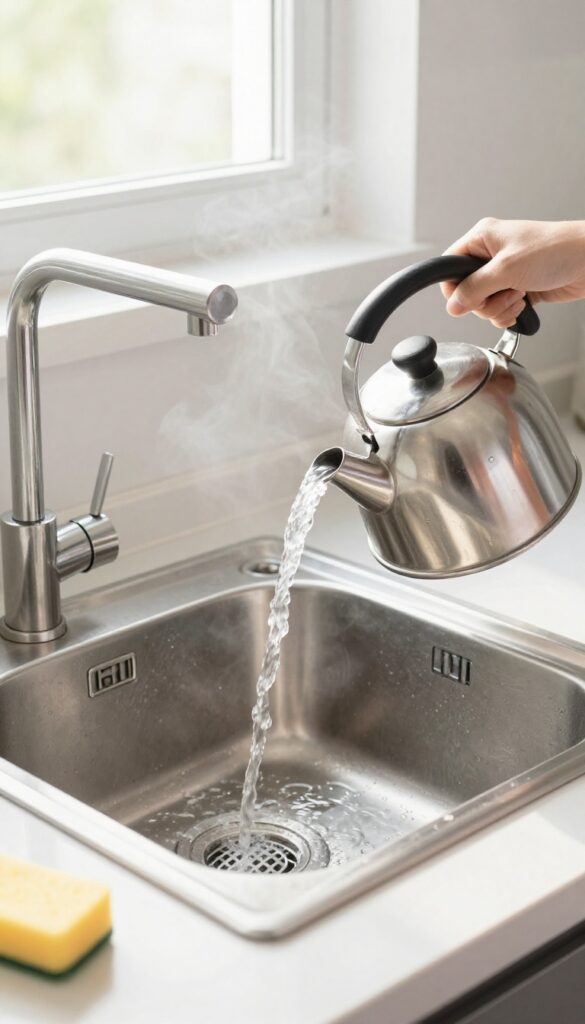 Boiling water being poured into a kitchen sink drain to clear grease and clogs
