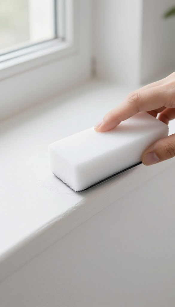 Hand using a magic eraser to remove a scuff mark from a white painted wall in a bright, clean home interior.