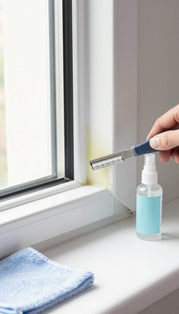 Close-up of scraping sticky residue off a window with a razor blade, surrounded by cleaning tools.