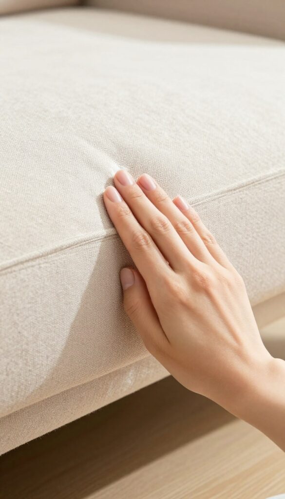 Professional cleaner testing cleaning solution on a small hidden area of a sofa