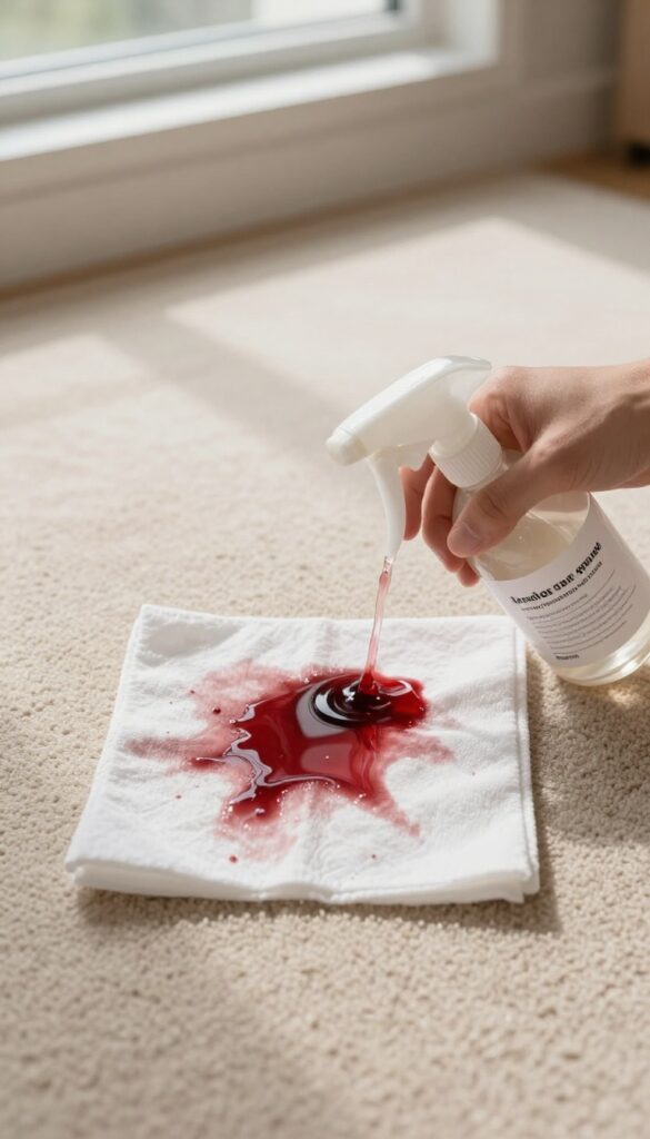 Person blotting a red wine stain on a light carpet with a white cloth, spray bottle nearby, bright natural light.