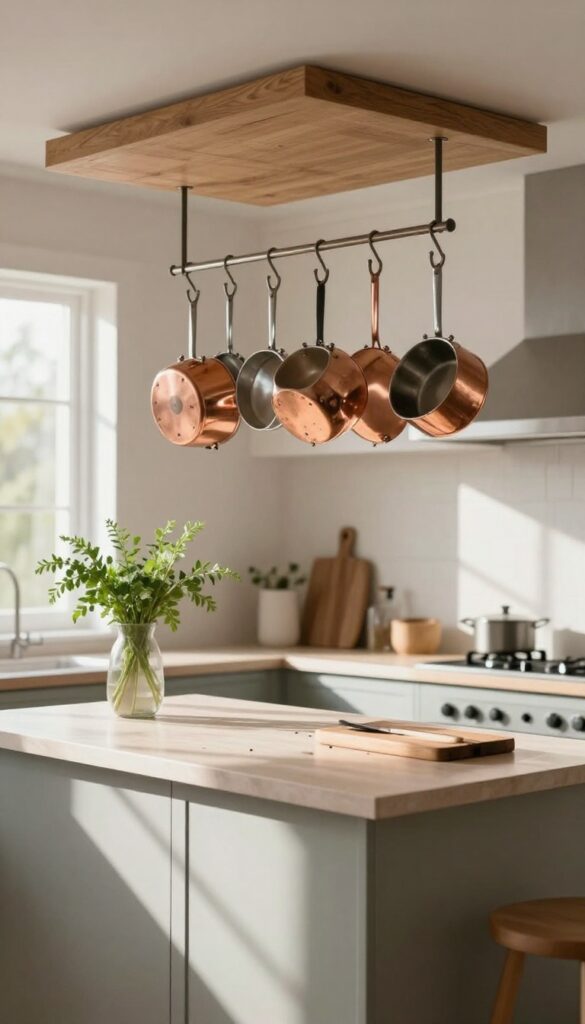 Kitchen with ceiling-mounted pot rack holding pots, pans, and utensils, natural light, clean countertops.
