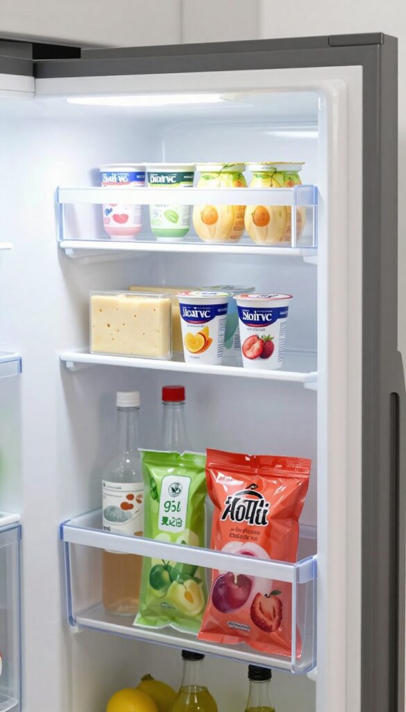Inside of a refrigerator door with a clear over-the-door organizer holding snacks like yogurt tubes and cheese sticks.
