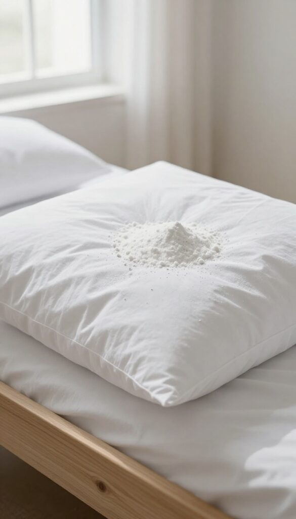 A white pillow covered with a layer of baking soda on a bed, with natural light from a window, photorealistic and clean composition.