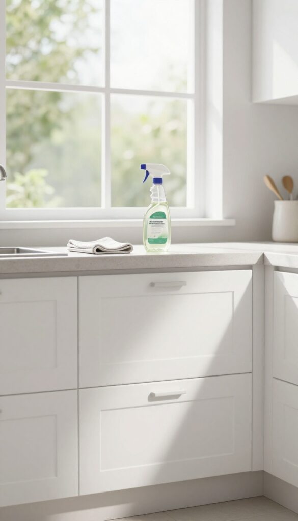 Kitchen cabinet degreasing with microfiber cloth and vinegar solution