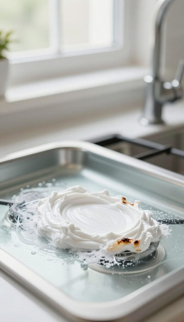 Baking soda paste applied to a glass stove top to clean tough stains