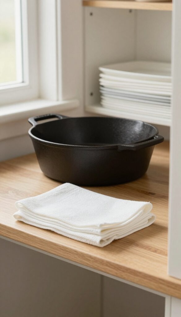 Cast iron skillet stored on a shelf with a towel buffer, in a dry cabinet.