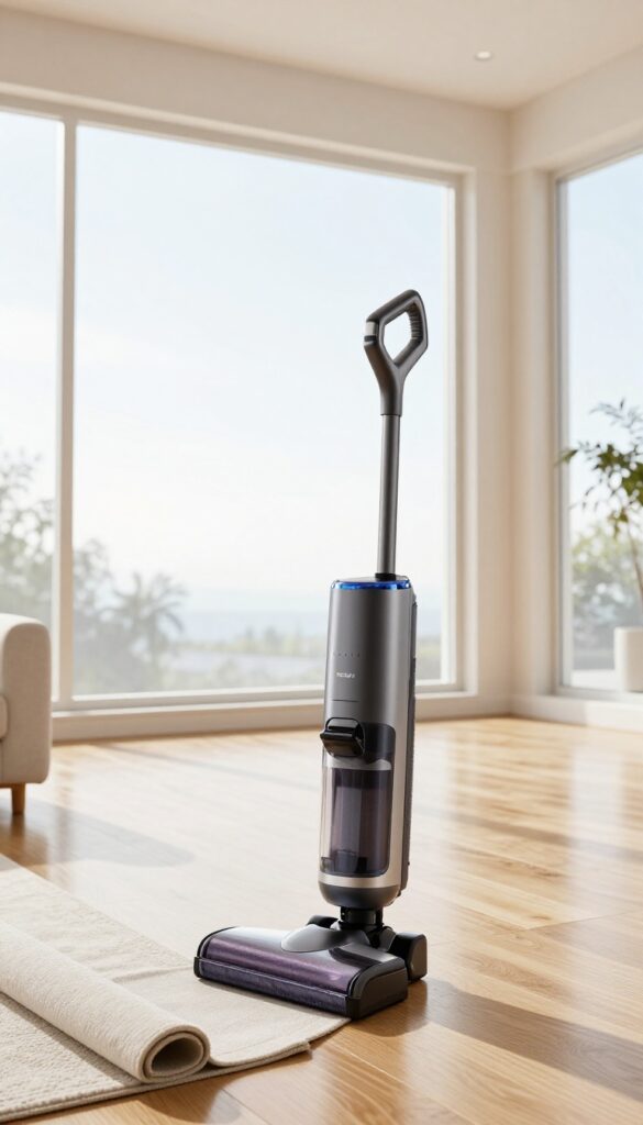 Modern living room with hardwood floors and a sleek vacuum cleaner with HEPA filter in bright natural light
