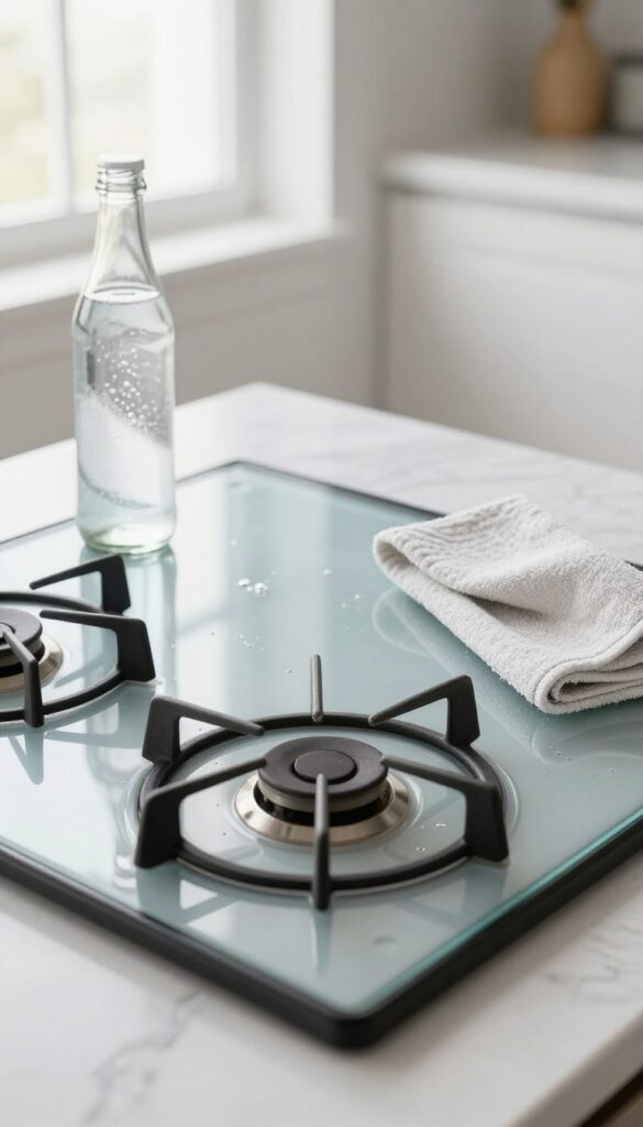 Glass cooktop being cleaned with club soda and a microfiber cloth