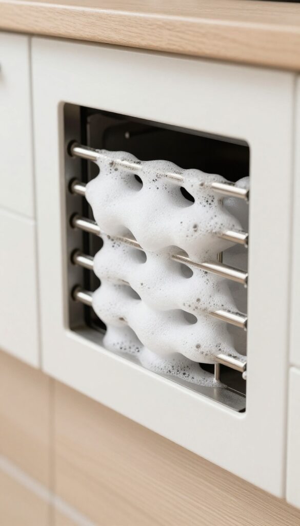 Applying foam from a dishwasher pod to clean the oven vent
