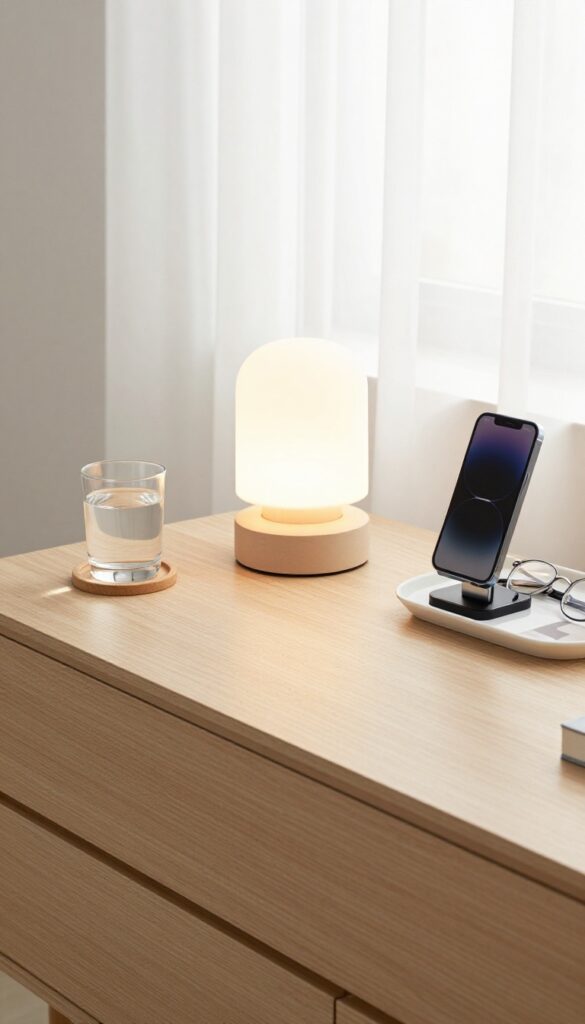 Minimalist nightstand with lamp, book, water glass, and phone charger in a clean, organized bedroom