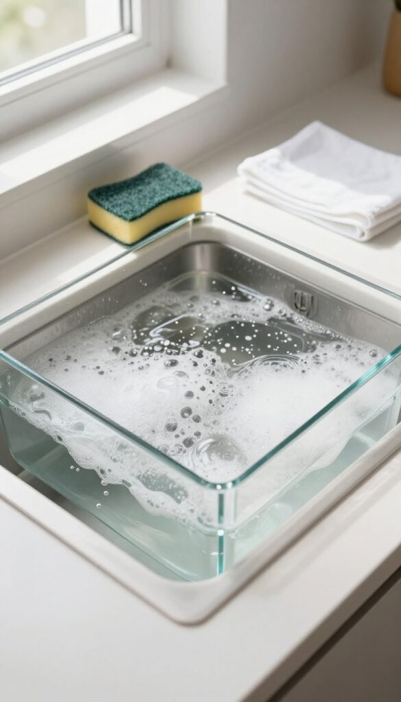 Glass oven door soaking in a sink of hot soapy water with bubbles and a sponge nearby