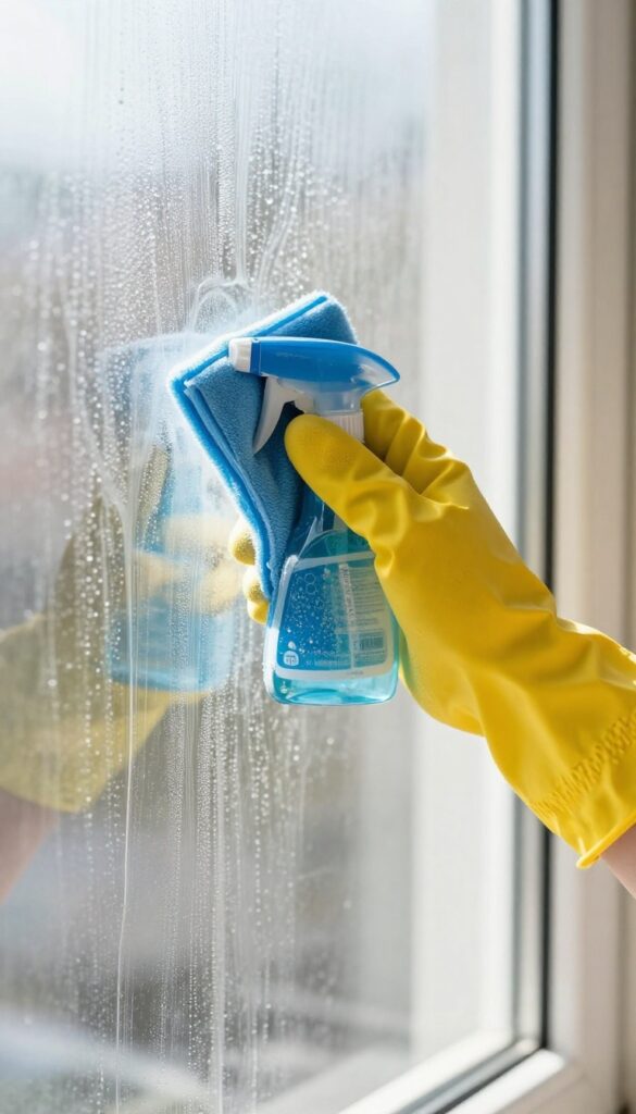 Hand spraying commercial glass cleaner with ammonia on a greasy kitchen window