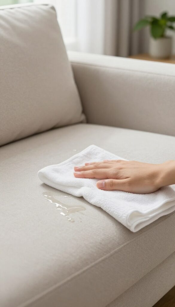 A white cloth blotting a water spill on a beige fabric couch in bright natural light, with a plant and pillow nearby.