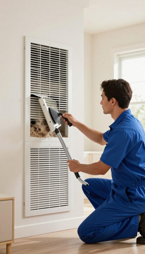 HVAC professional cleaning air duct with vacuum hose, visible dust buildup, bright living room interior